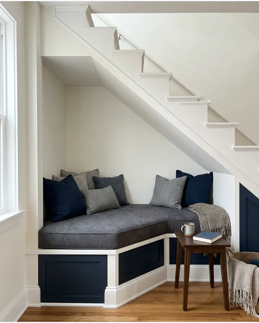 11. Upholstered Bench Nook Under Stairs