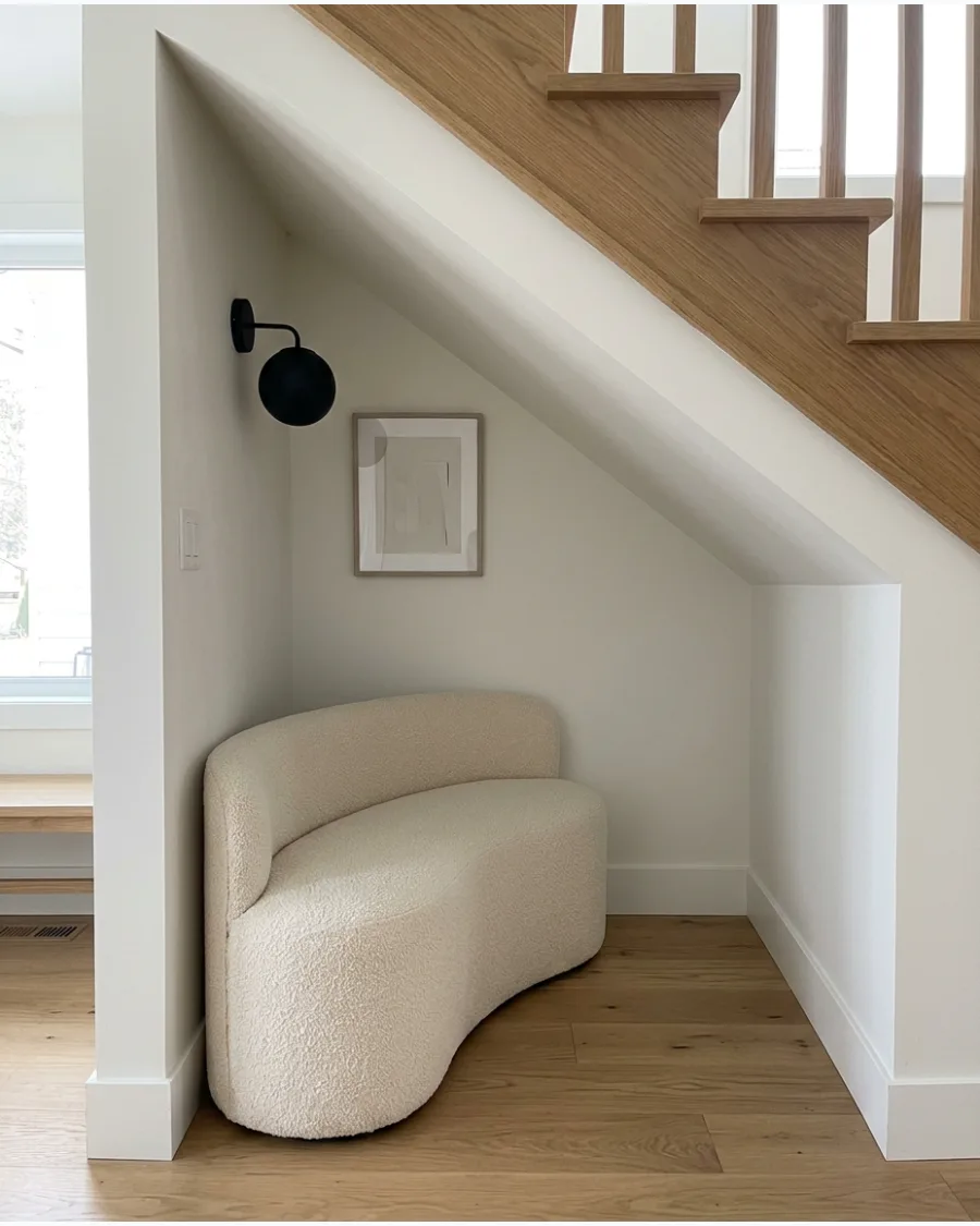 14. Bouclé Bench Nook Under Stairs