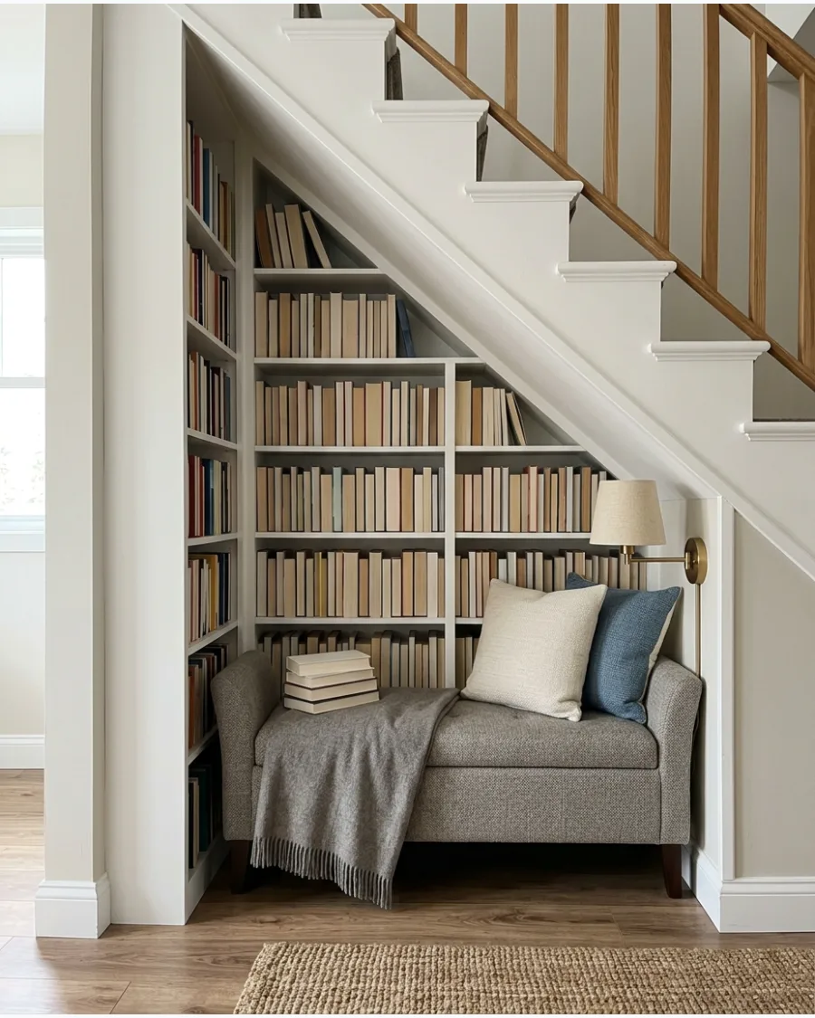2. Book-Lined Reading Nook Under Stairs