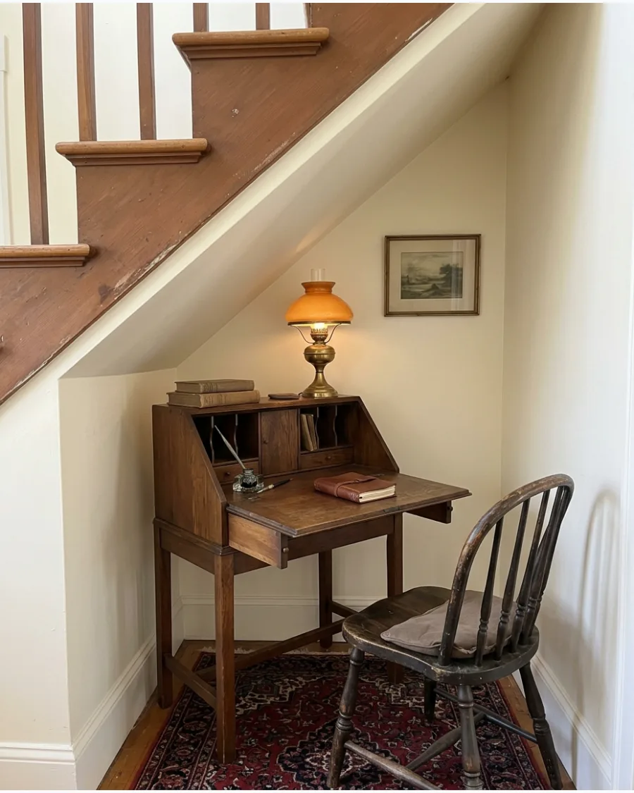 30. Vintage Writing Nook Under Stairs