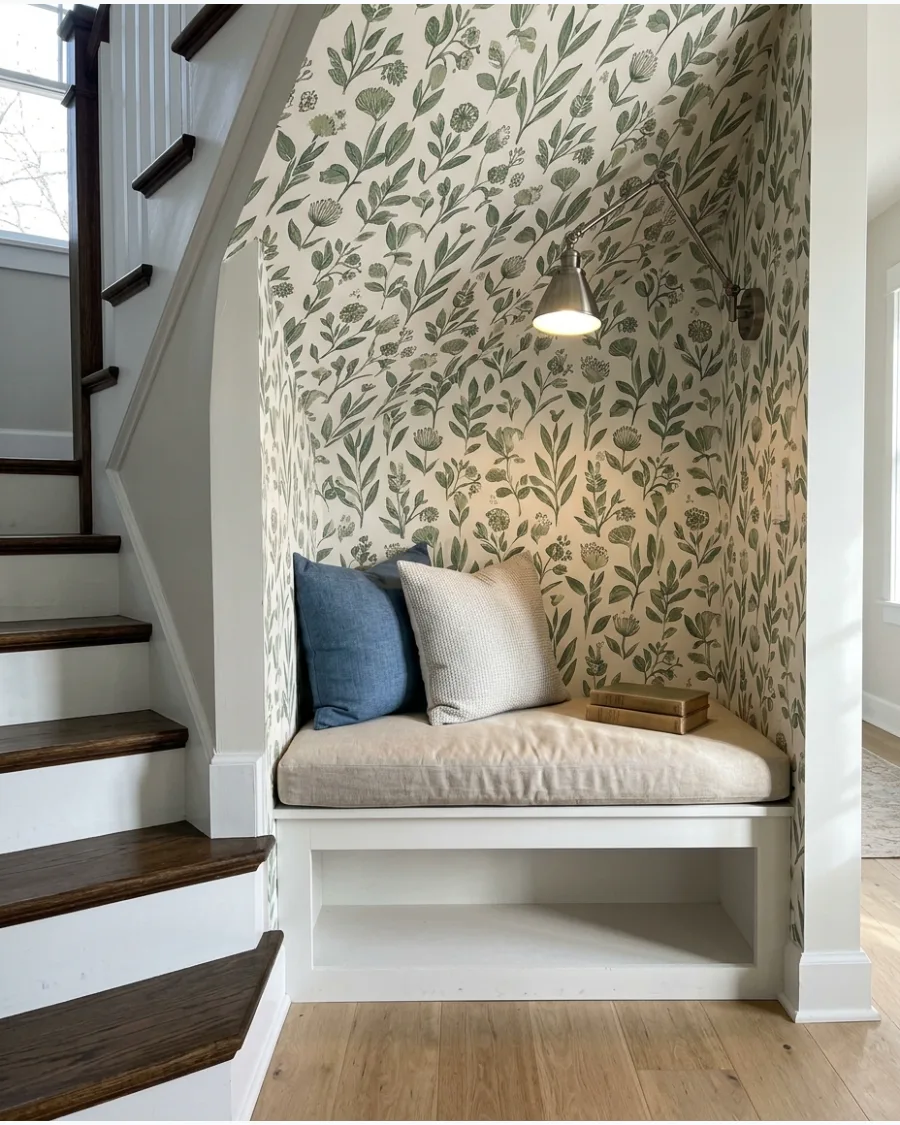 5. Wallpapered Reading Nook Under Stairs