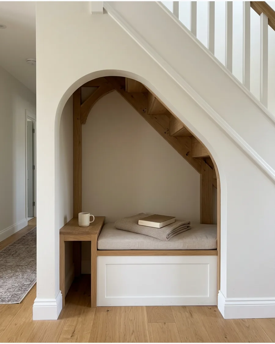 6. Arched Reading Nook Under Stairs