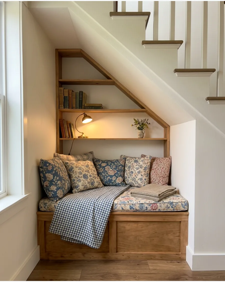 8. Cottage Reading Nook Under Stairs