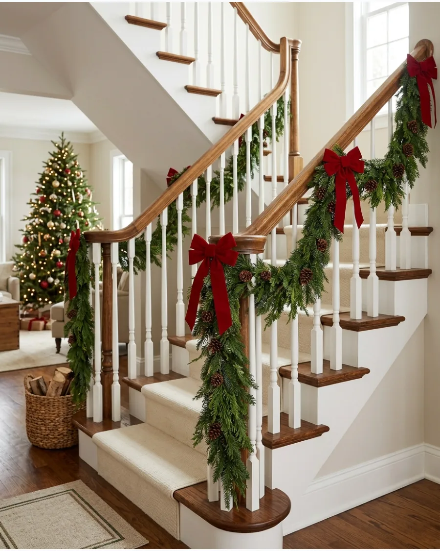 1. Classic Evergreen Garland Along the Stair Railing