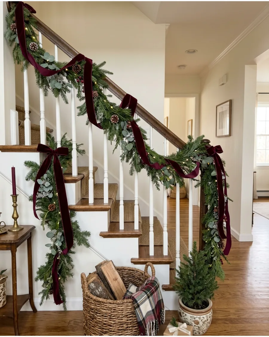 12. Burgundy Velvet Ribbon Stair Railing