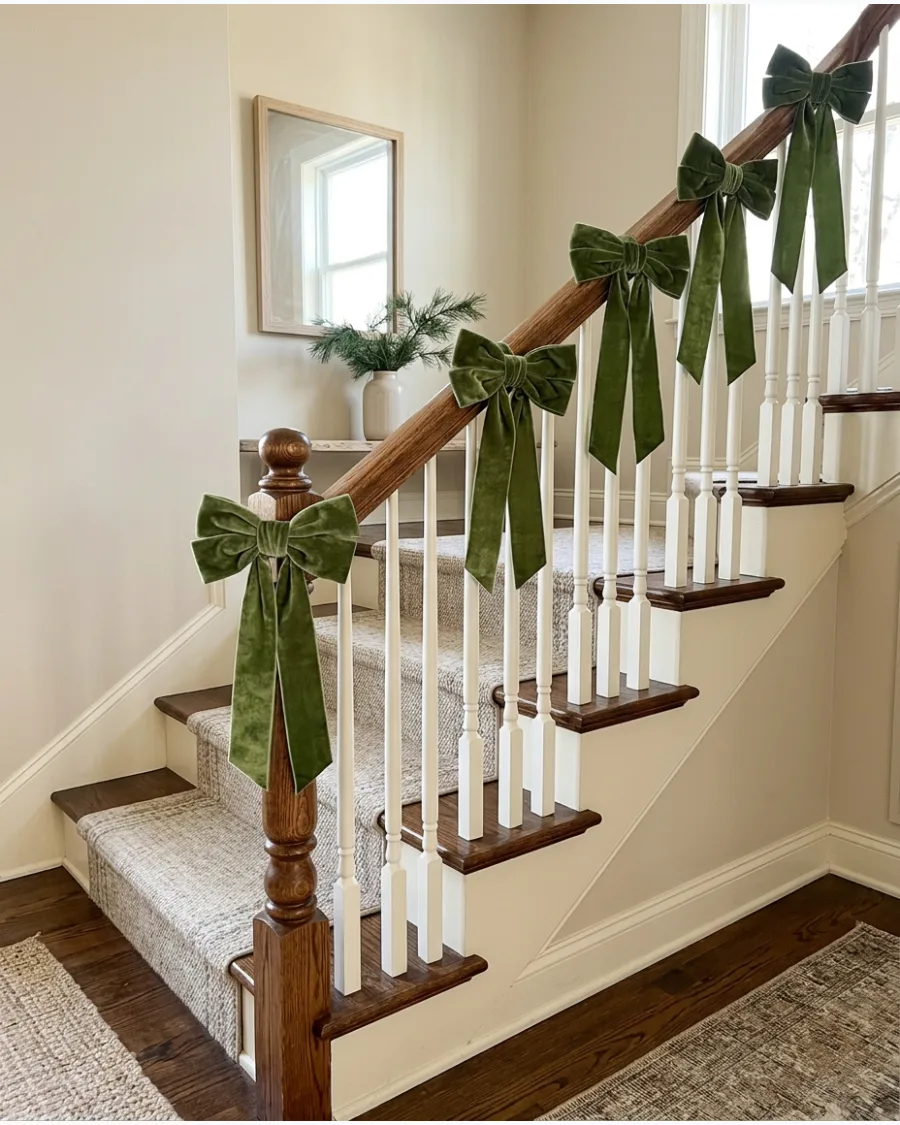 13. Forest Green Velvet Bow Staircase