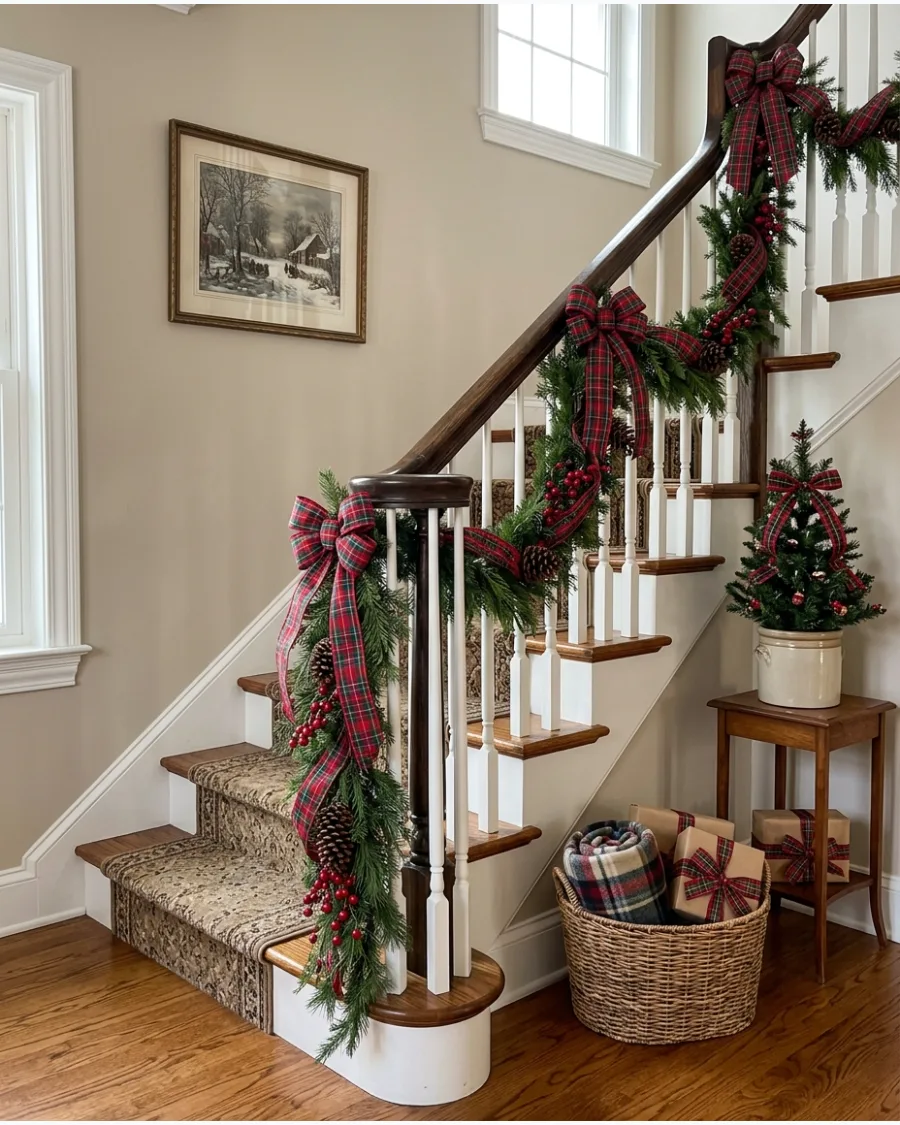 14. Tartan Plaid Christmas Stair Railing