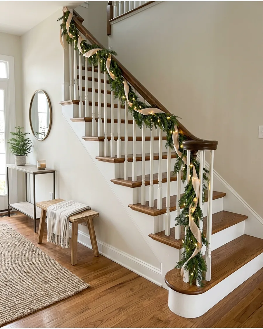 16. Champagne Ribbon Christmas Banister