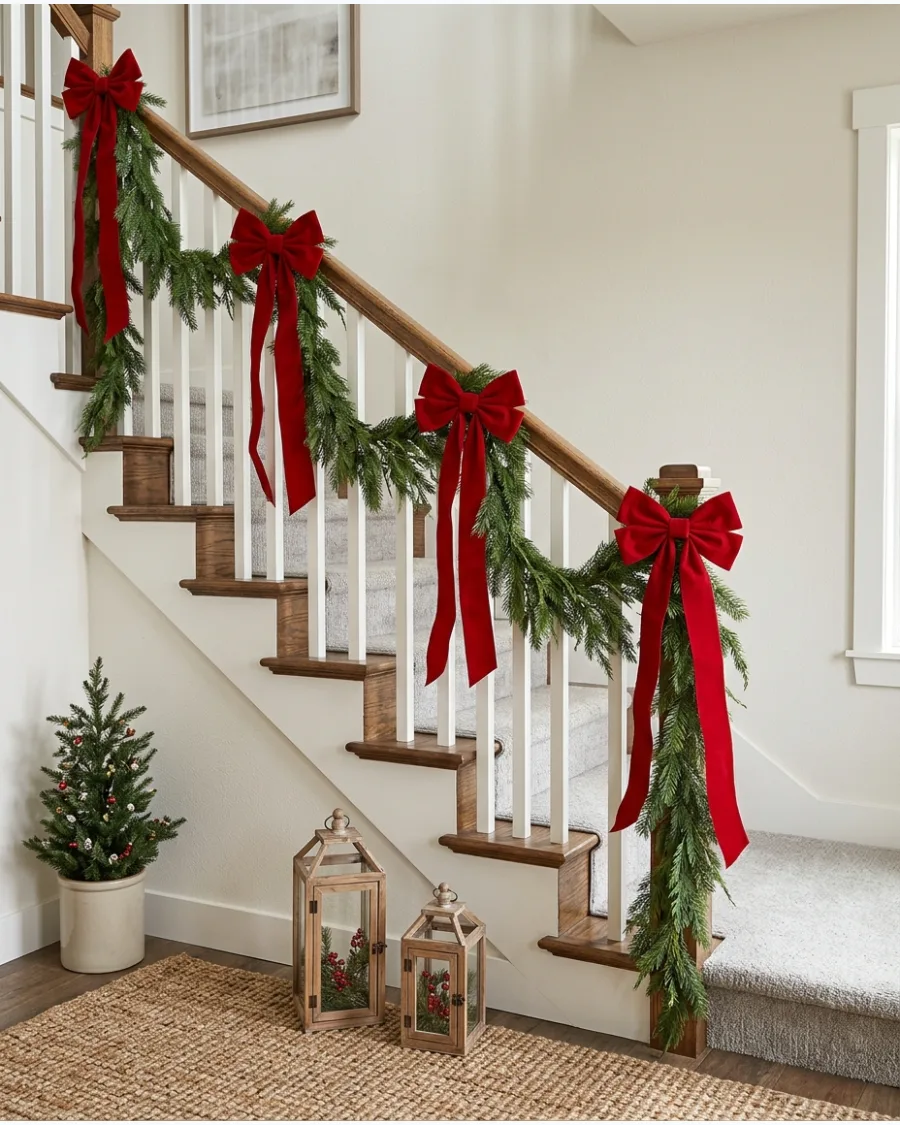 2. Red Bow and Green Garland Staircase
