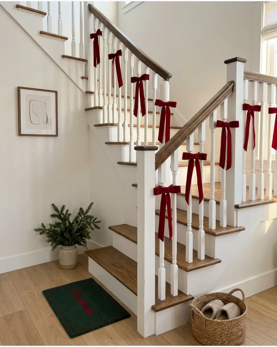20. Simple Bow-Only Christmas Stair Railing