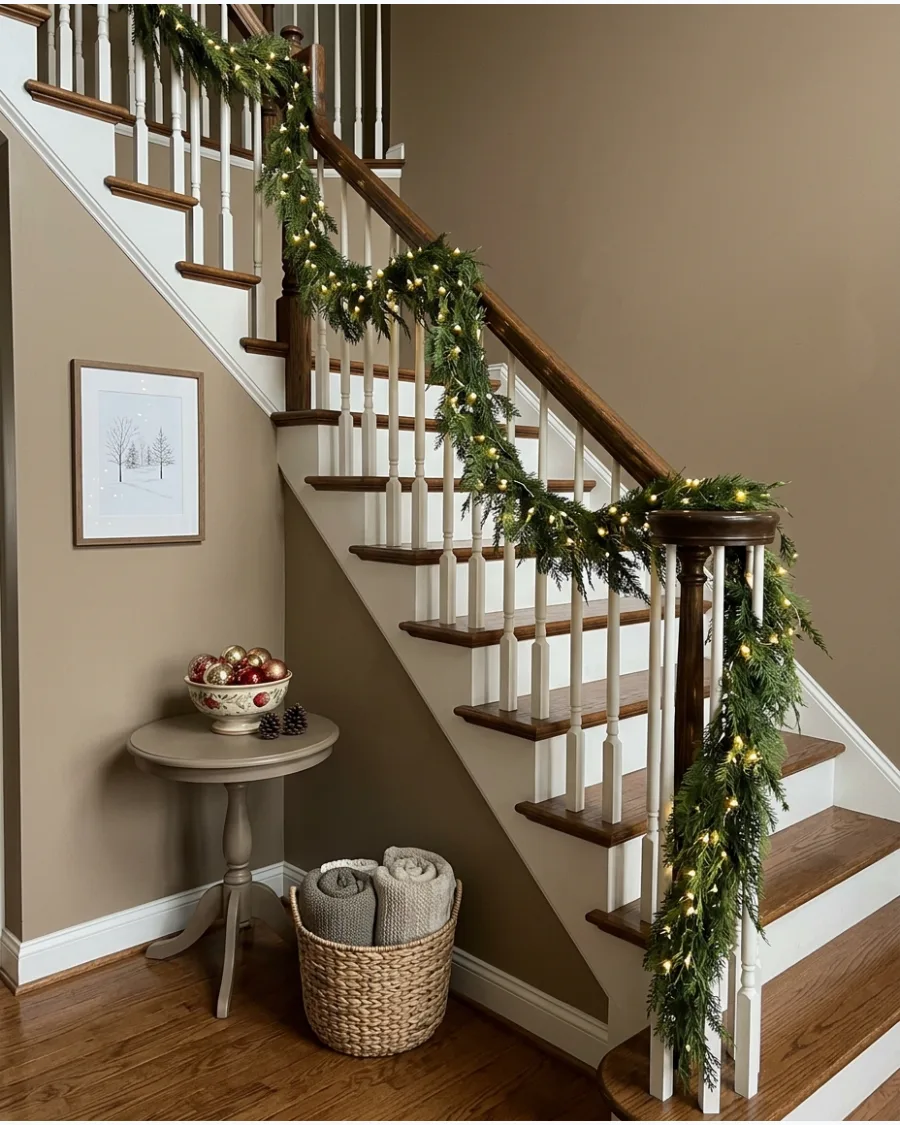 21. Twinkle Light Evergreen Staircase