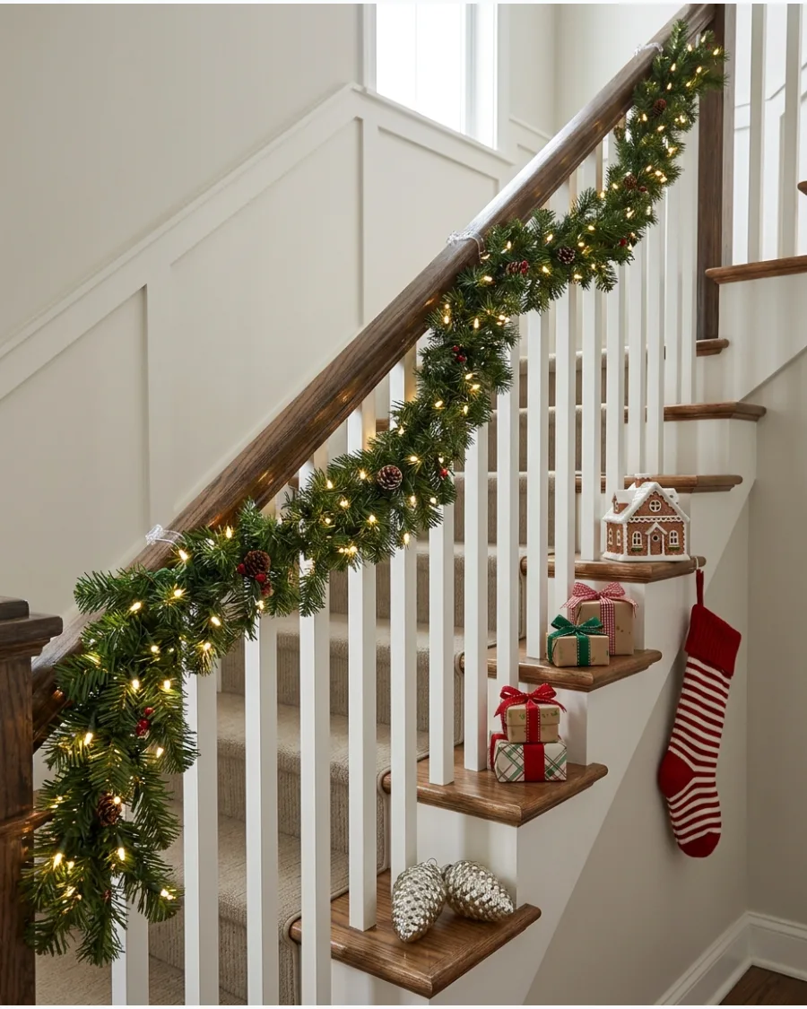 23. Pre-Lit Garland Stair Railing