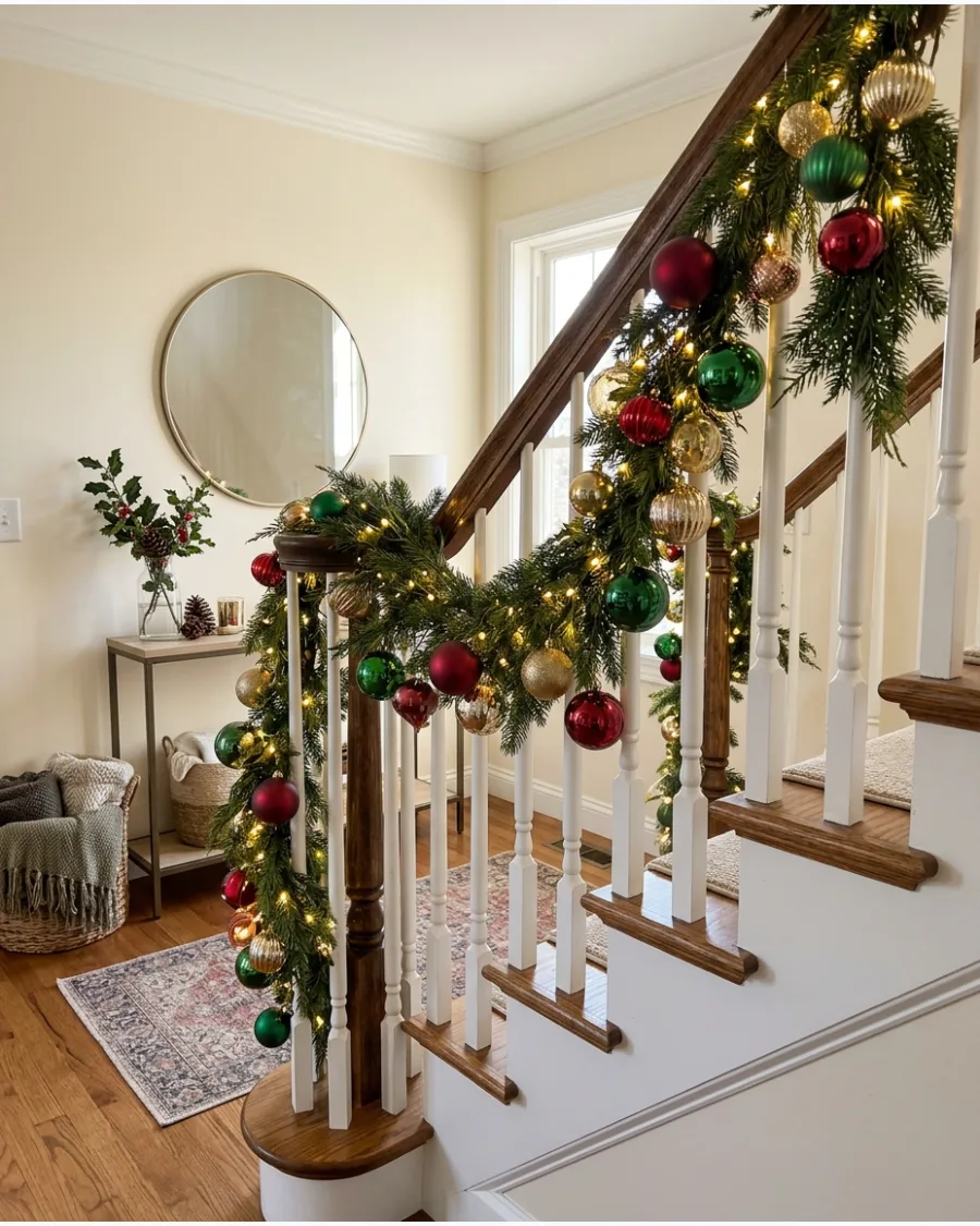 24. Glowing Ornament Staircase Garland