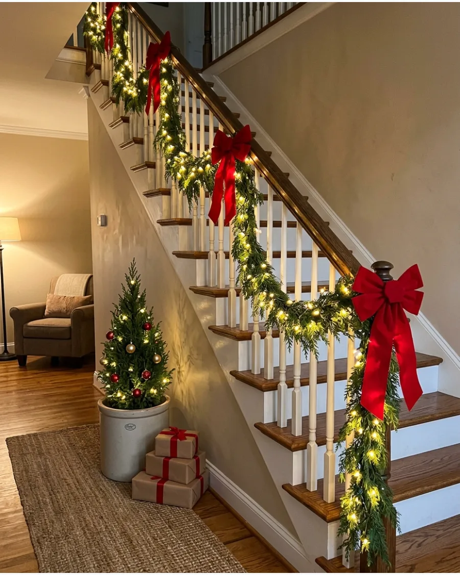 28. Warm Light and Red Bow Banister