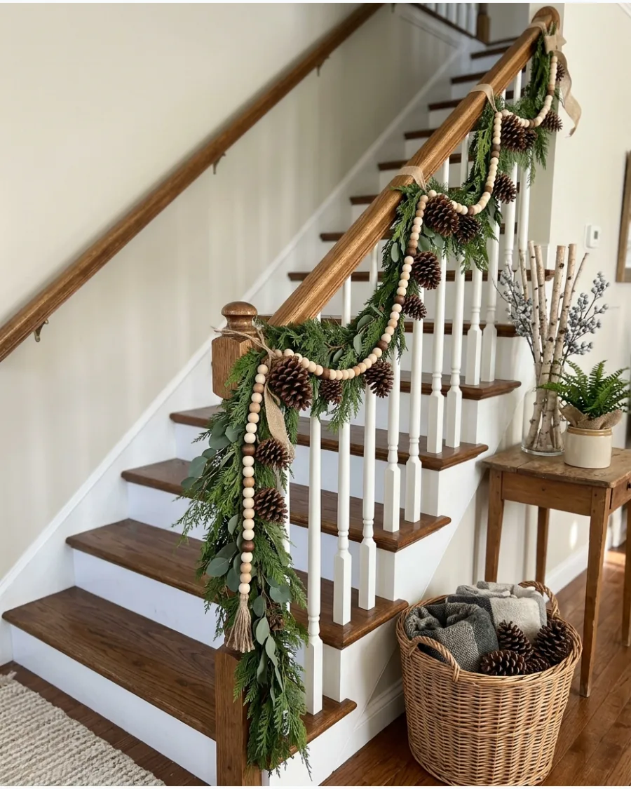 34. Pinecone and Wooden Bead Staircase Garland