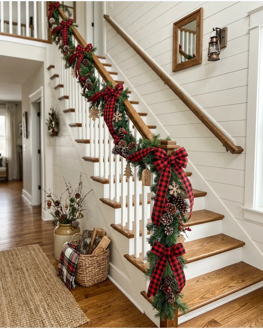 35. Farmhouse Buffalo Plaid Stair Railing