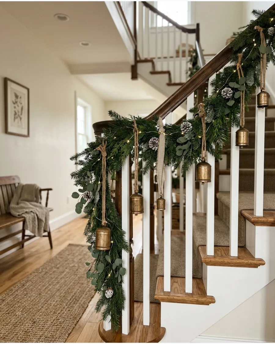 36. Rustic Bell Christmas Banister
