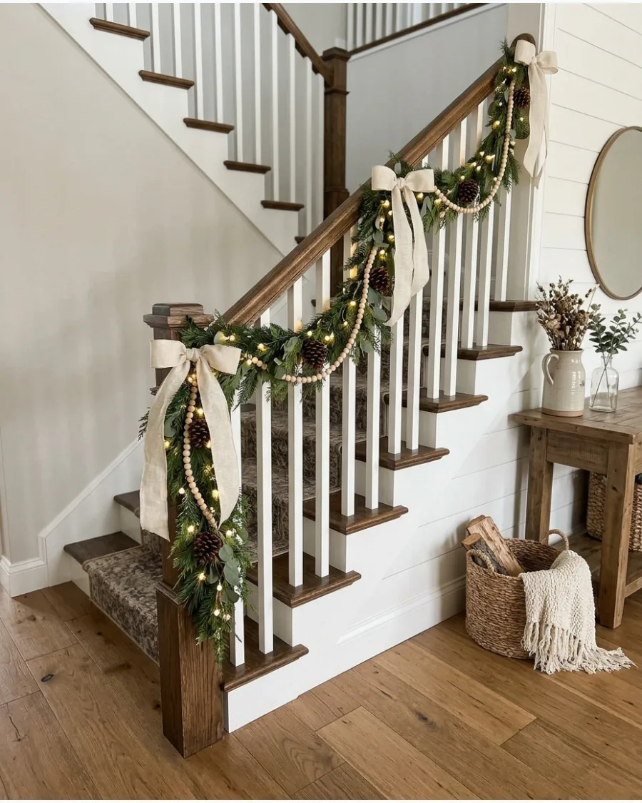 38. Neutral Farmhouse Christmas Staircase