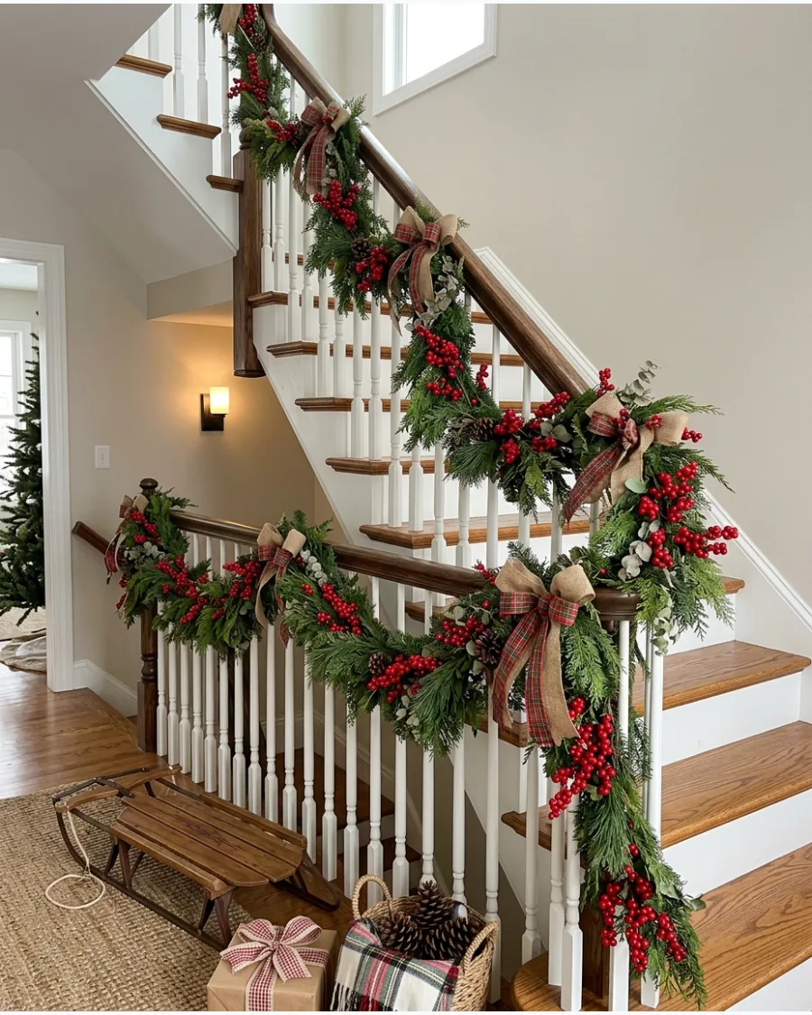 4. Red Berry Stair Railing Garland