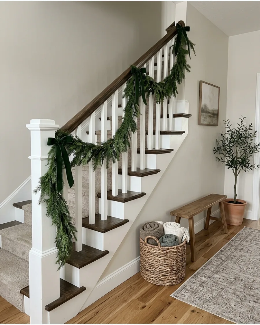 41. Minimalist Green Garland Stair Railing