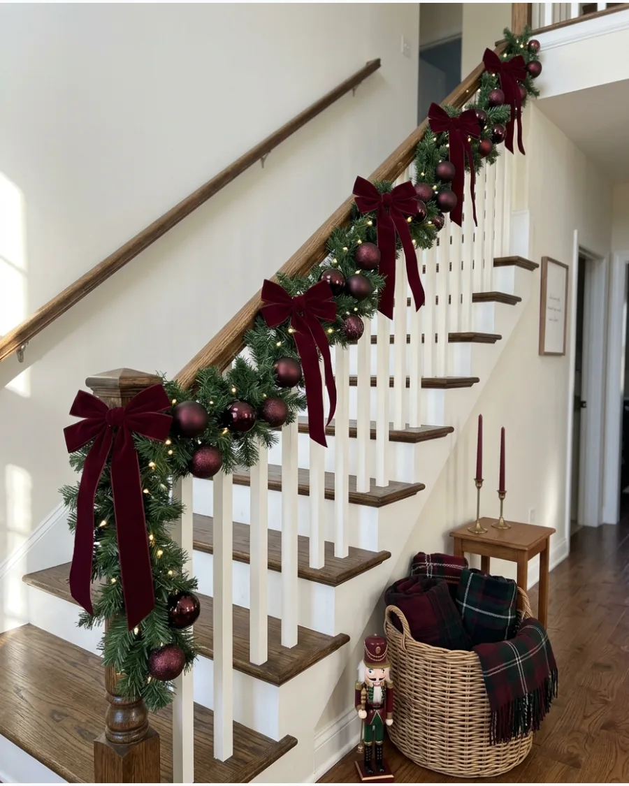 44. Burgundy and Green Christmas Stair Railing