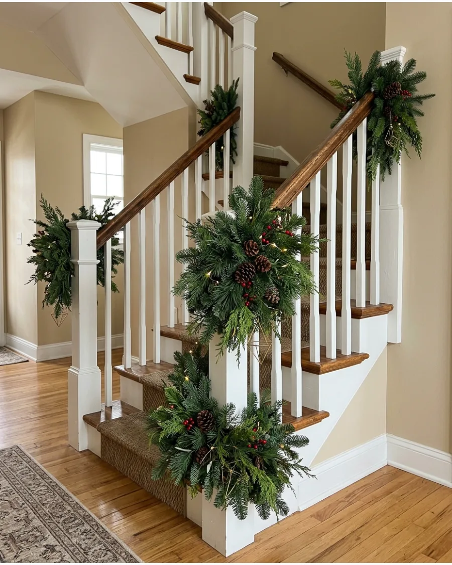 50. Sculptural Greenery Christmas Staircase