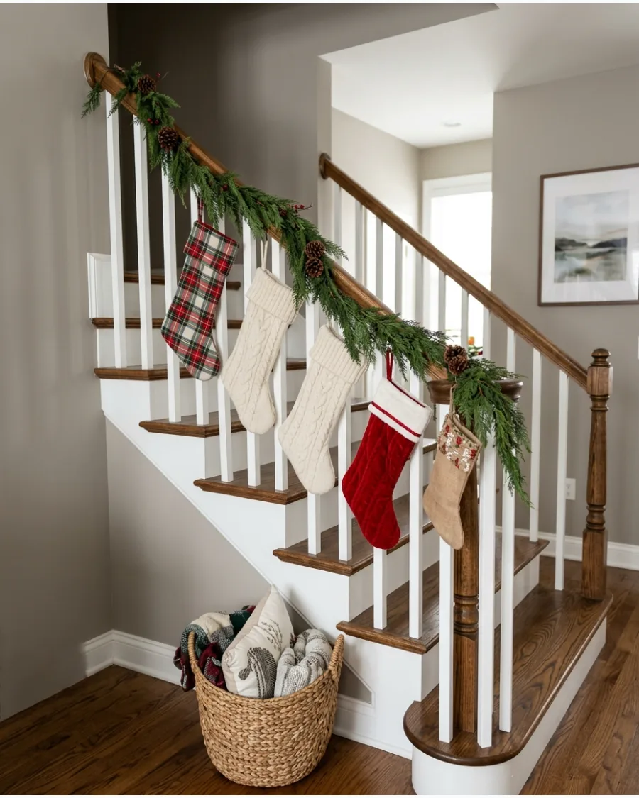 52. Christmas Stockings Along the Stair Railing
