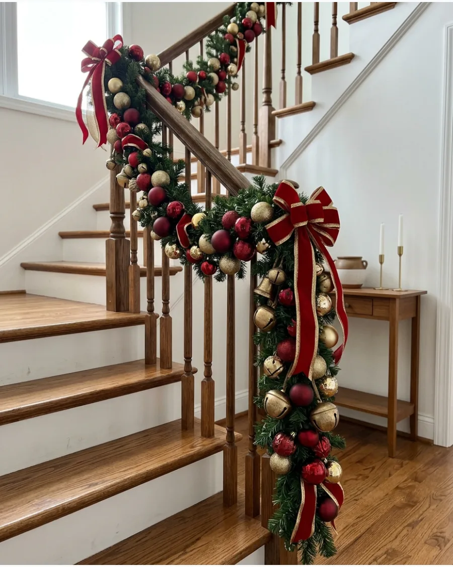 6. Red and Gold Christmas Stair Railing