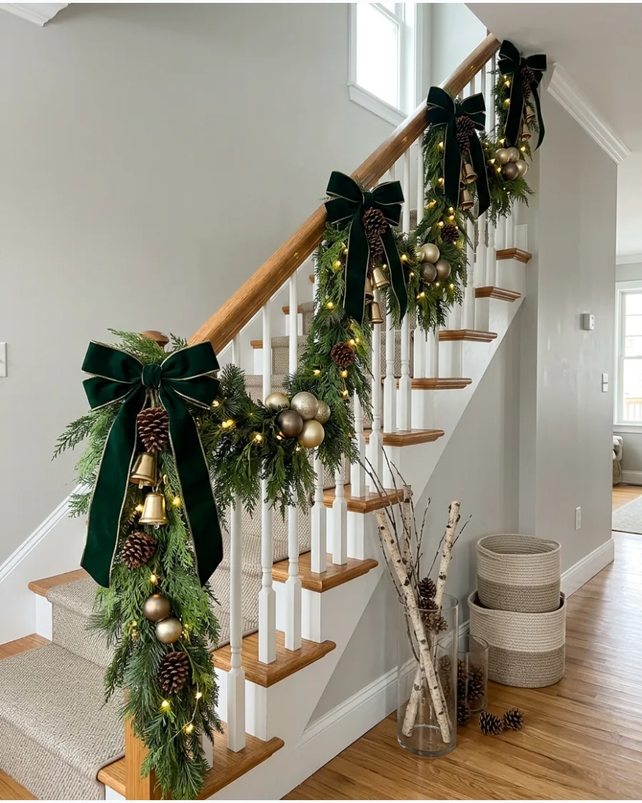 60. Layered Statement Christmas Stair Railing