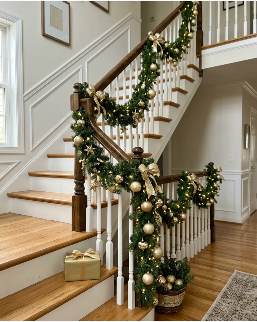 7. Green and Gold Christmas Banister