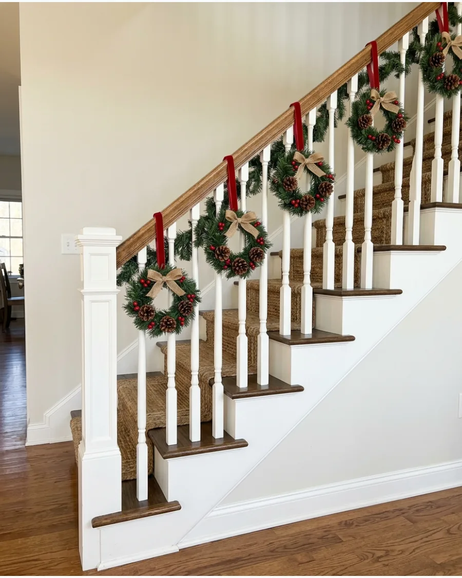 8. Christmas Wreaths Along the Stair Railing