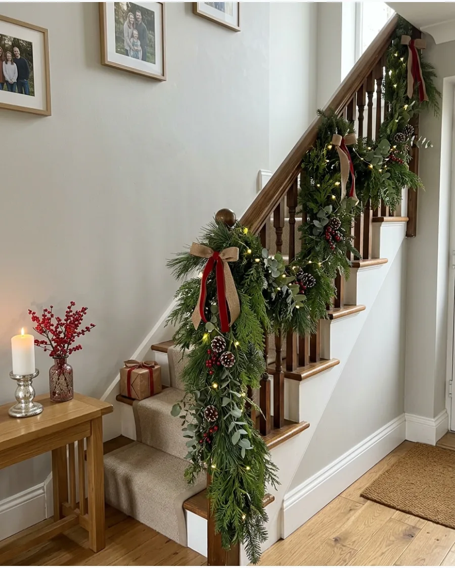 9. Layered Evergreen Christmas Banister