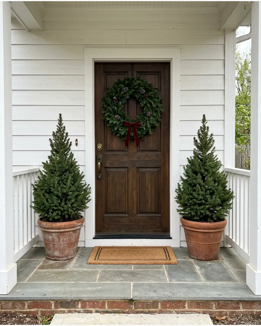 11. Wreath and Two Potted Evergreens