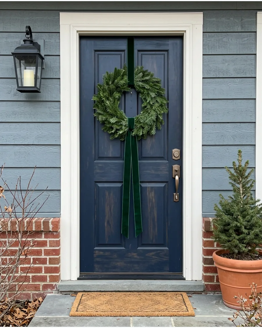 2. Plain Evergreen Wreath With Long Velvet Ribbon