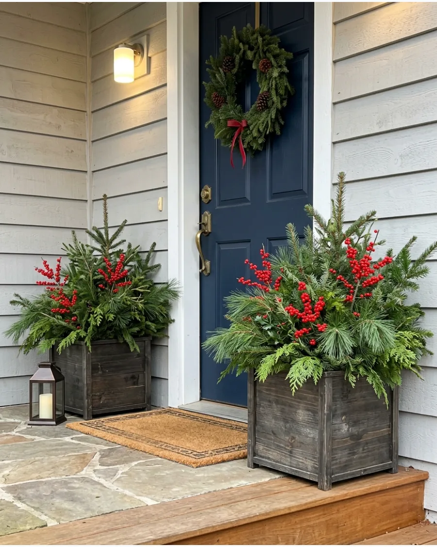 20. Evergreen Planters With Red Berries
