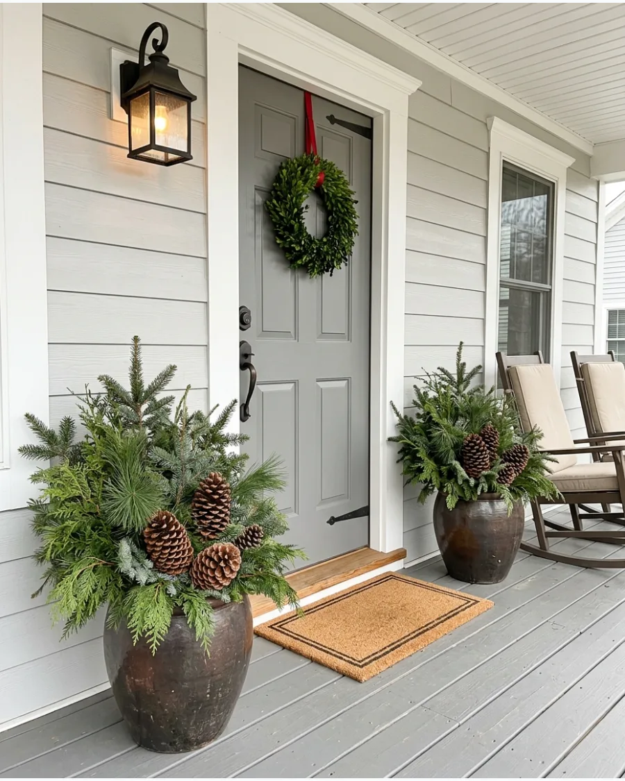21. Evergreen Planters With Pinecones