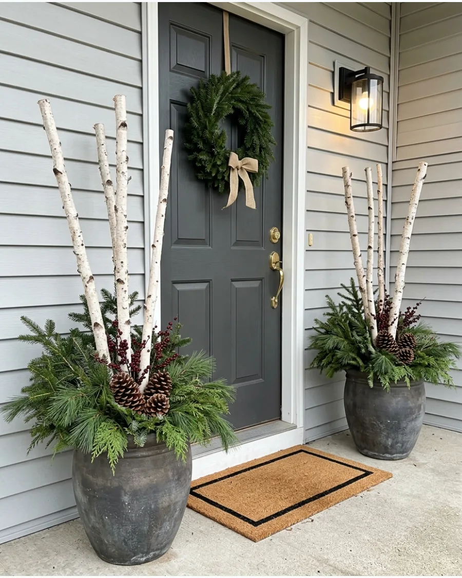 22. Evergreen Planters With Birch Branches