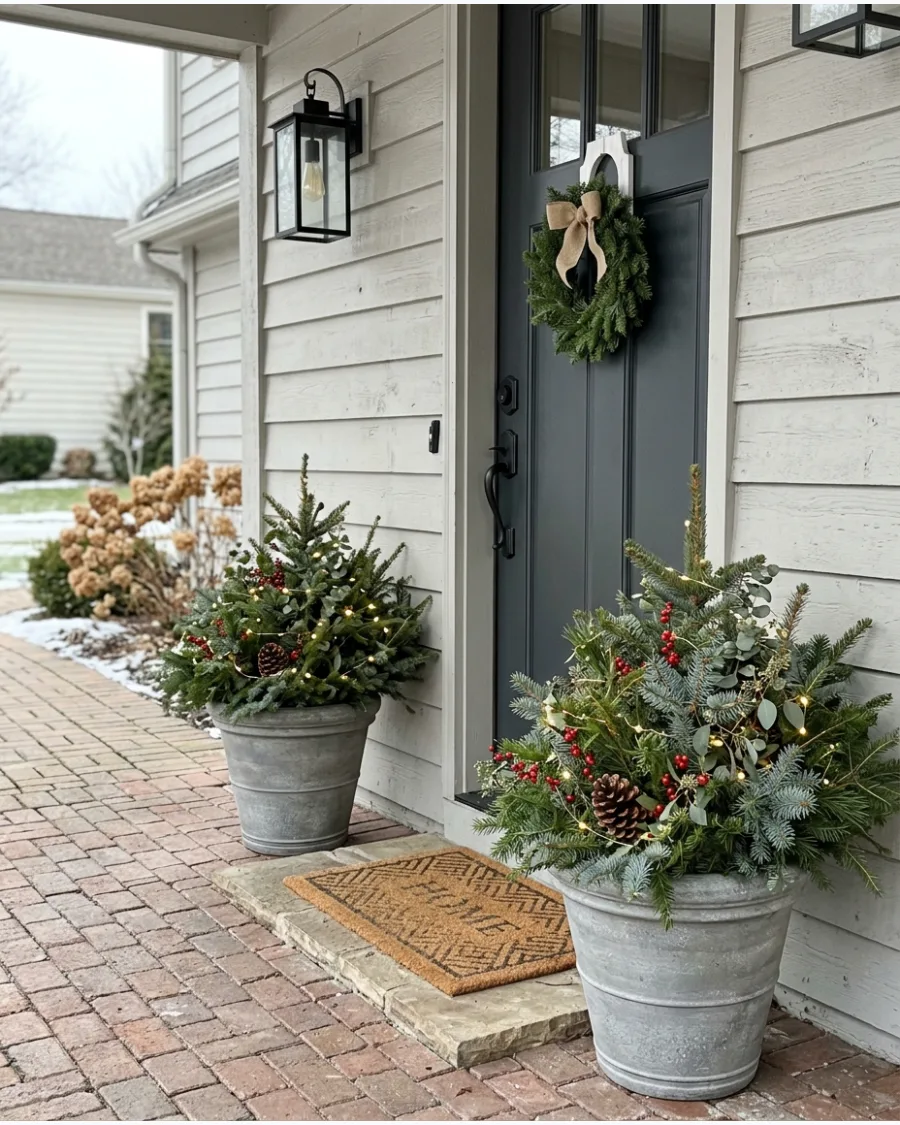 23. Lighted Evergreen Porch Pots