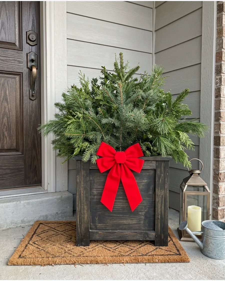 24. Evergreen Planter With One Red Bow