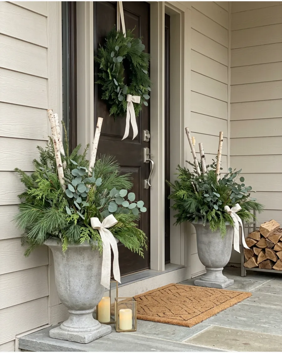 26. Neutral Christmas Porch Urns