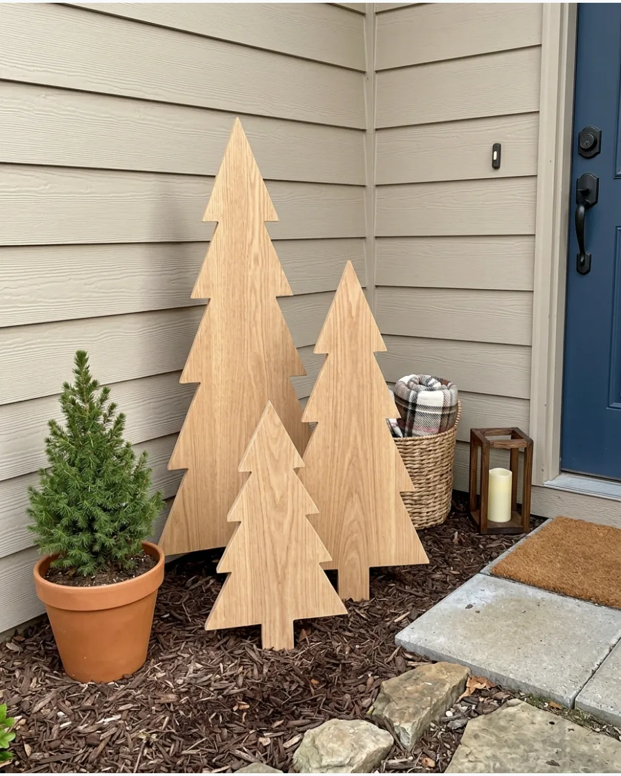 44. Simple Wooden Christmas Trees in the Yard