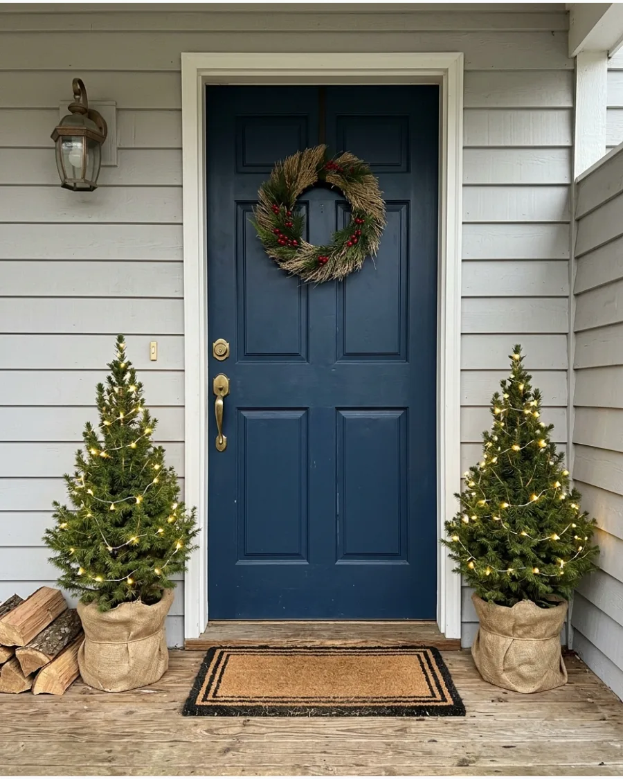 9. Two Mini Christmas Trees Beside the Door