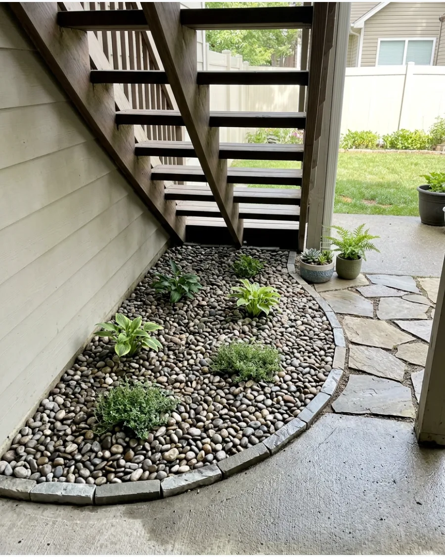 10. Curved Pebble Bed Under Staircase