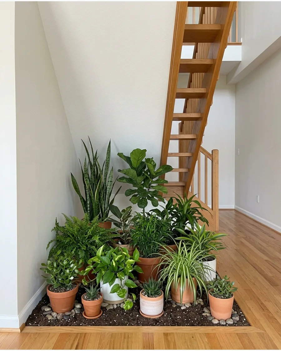 19. Layered Greenery Garden Under Stairs