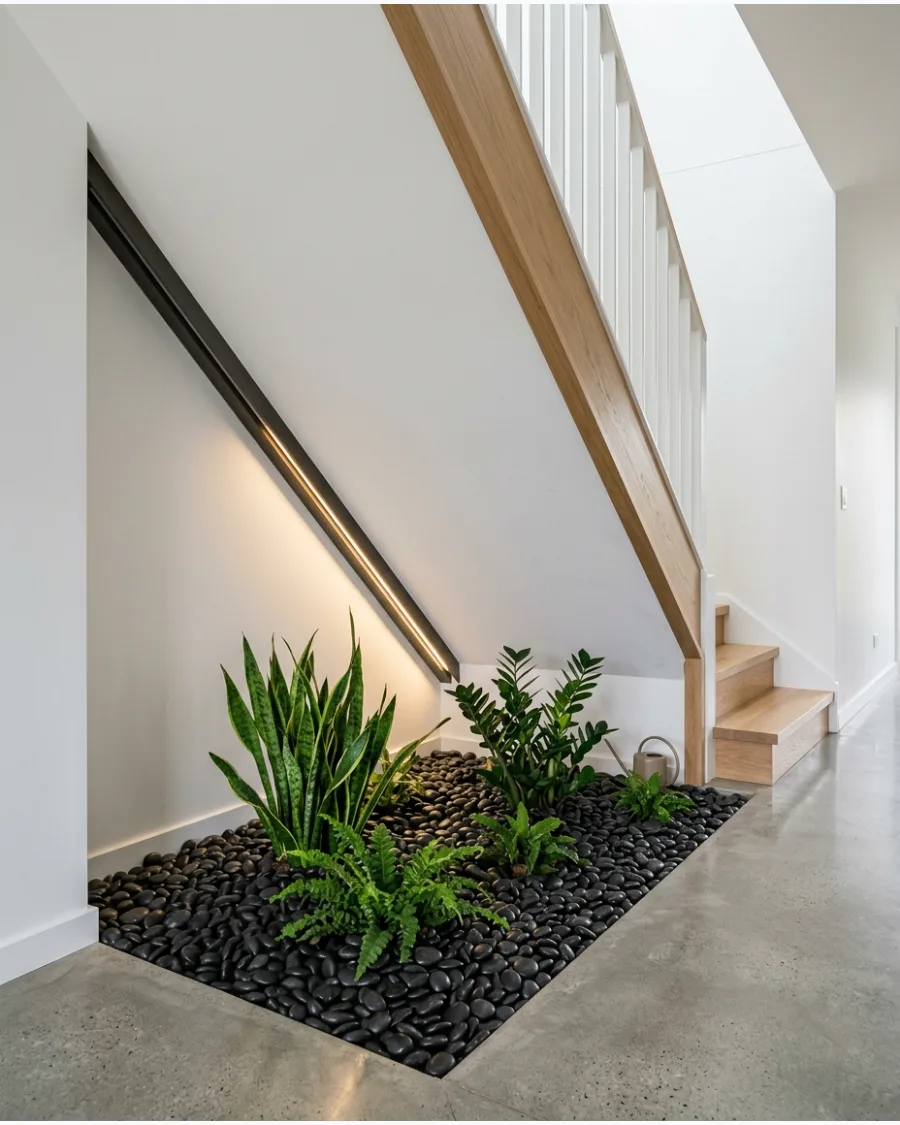 2. Black Pebble Garden Under Stairs