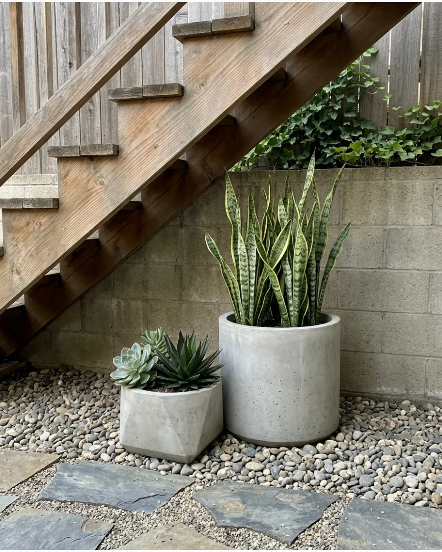 24. Concrete Planter Garden Under Stairs