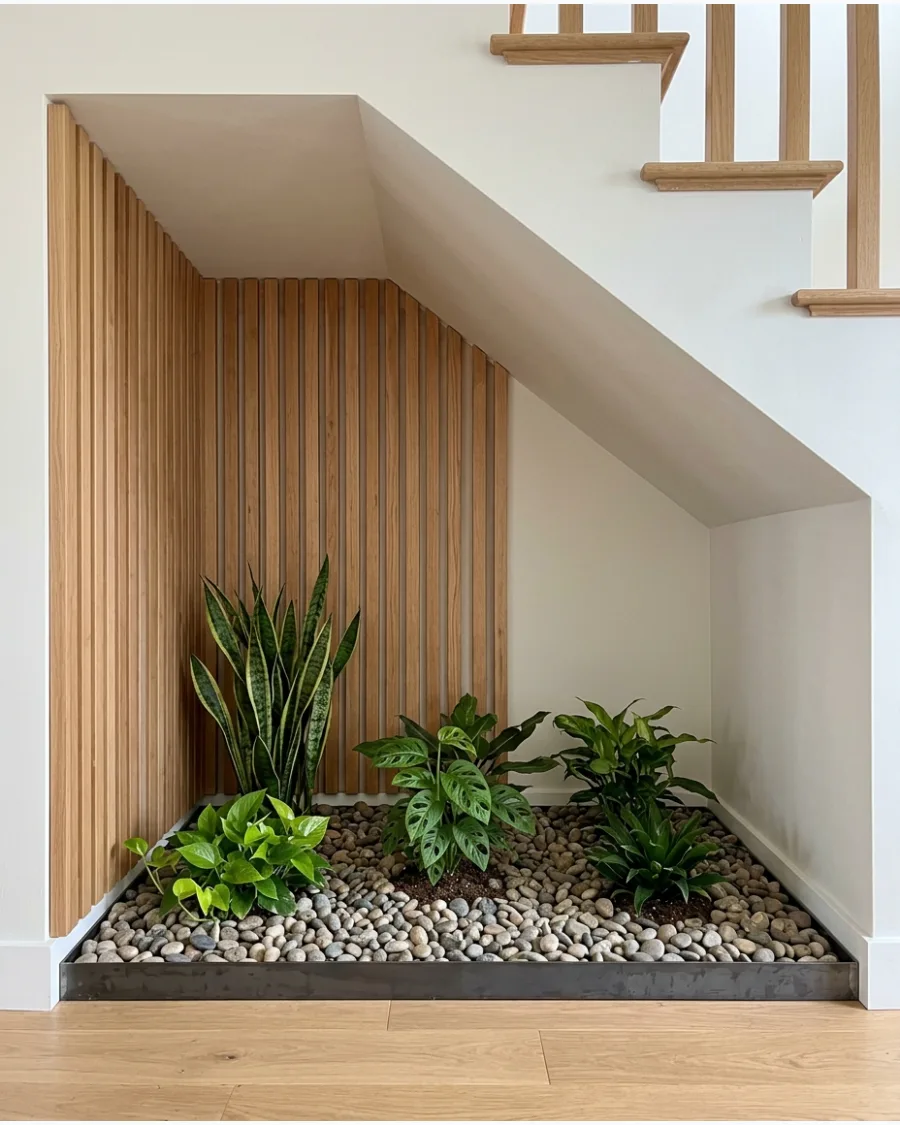 27. Wood Slat and Plant Garden Under Stairs