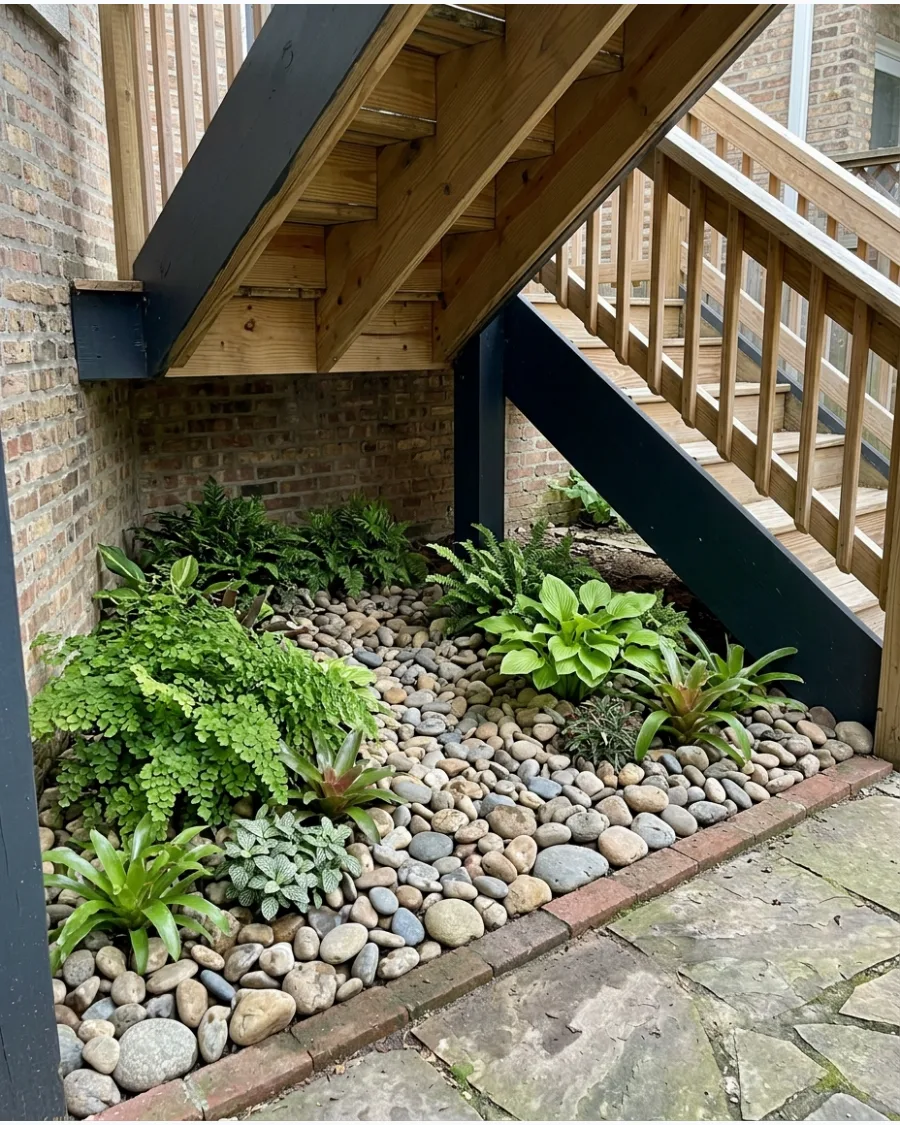 3. Mixed River Rock Under-Stair Garden