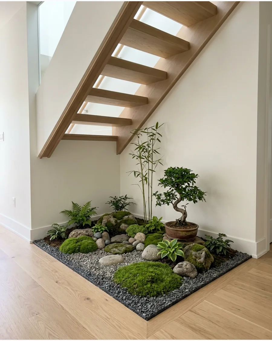 4. Japanese-Inspired Garden Under Stairs