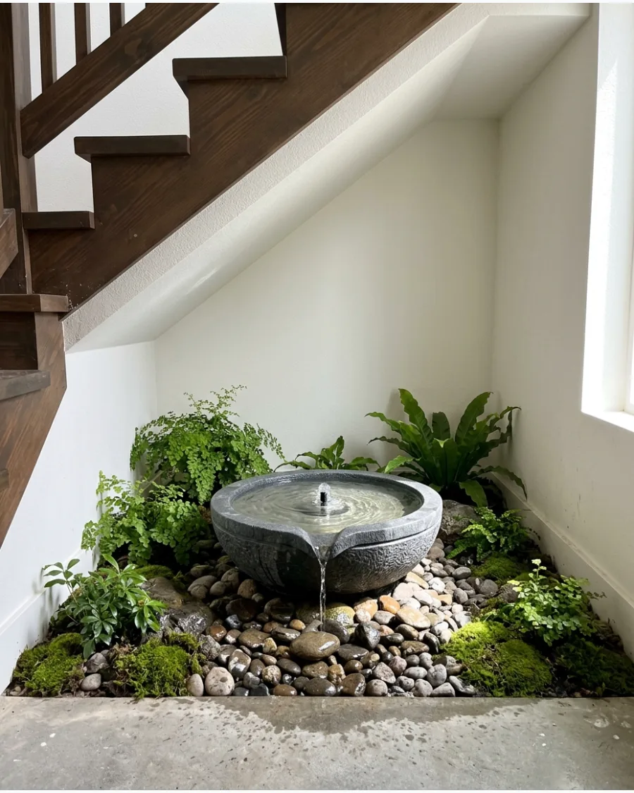 40. Stone Bowl Fountain Under Stairs